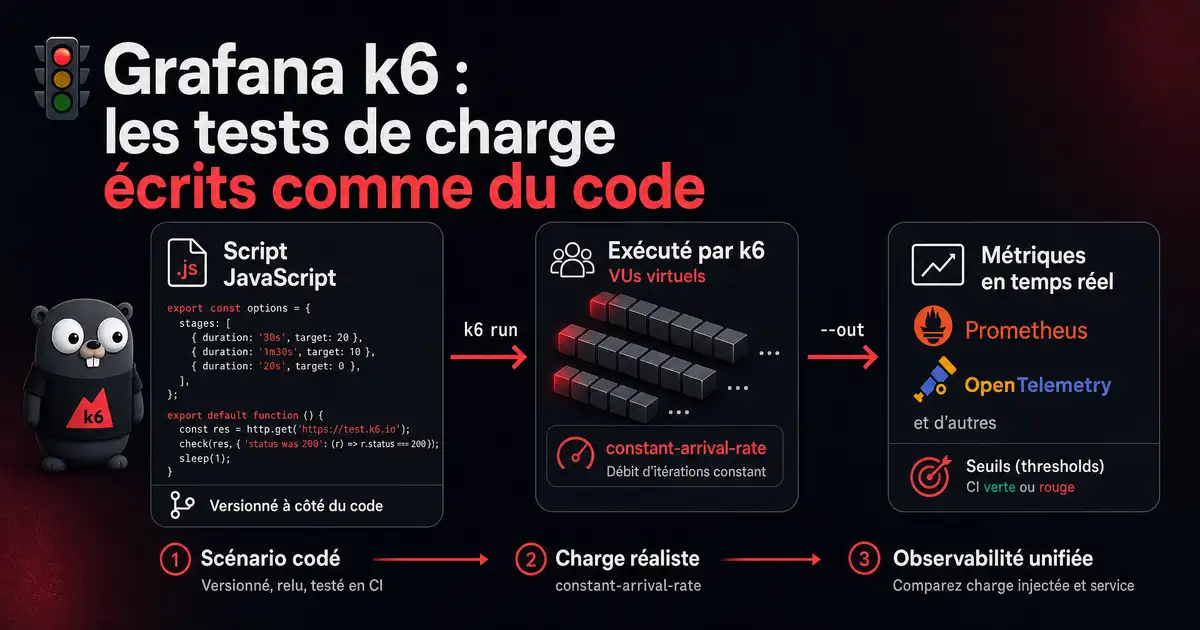 Chaîne k6 : script JavaScript versionné, exécution par les VUs, métriques exportées vers Prometheus et OpenTelemetry