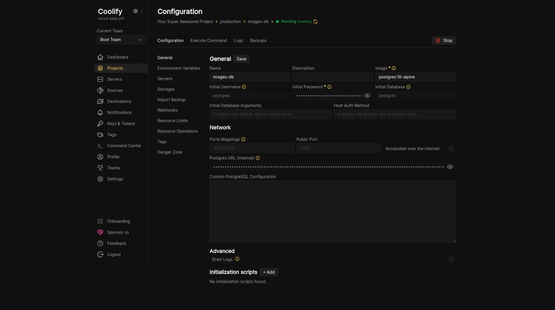 Vue détail d'une application sur Coolify
