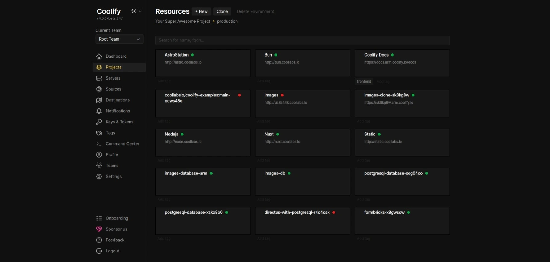 Tableau de bord Coolify