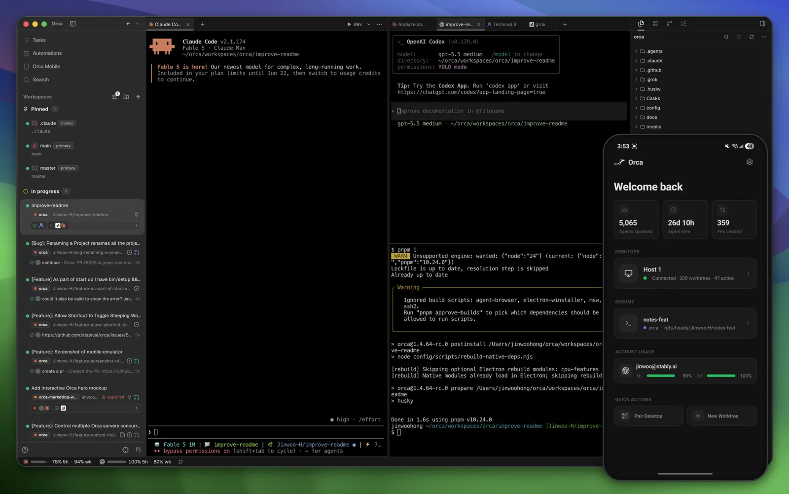 Interface d'Orca : barre latérale des workspaces liés à des tickets, Claude Code et Codex côte à côte dans le même worktree, un terminal, l'explorateur de fichiers et l'app mobile compagnon
