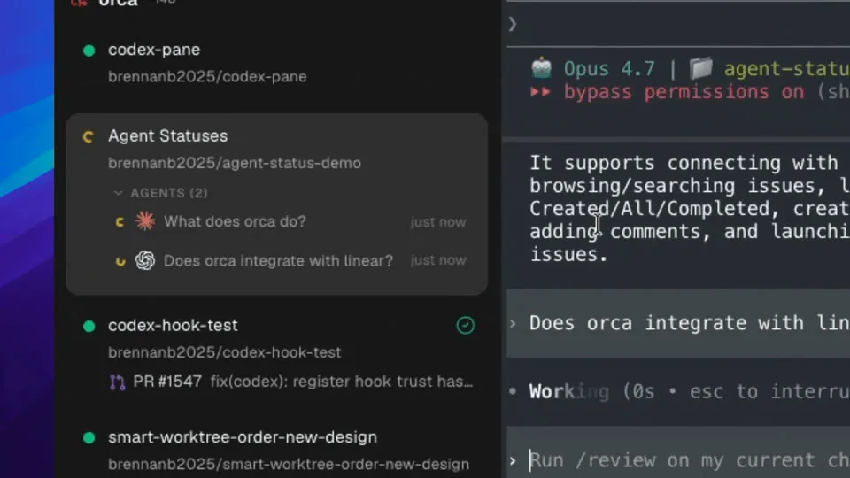 Barre latérale d'Orca : le workspace « Agent Statuses » affiche deux agents, Claude Code et Codex, avec leur dernière question et leur état