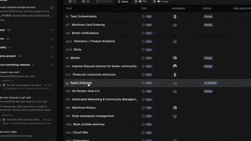 Vue Tasks d'Orca affichant un tableau GitHub Projects avec les epics, leurs assignees et leur statut